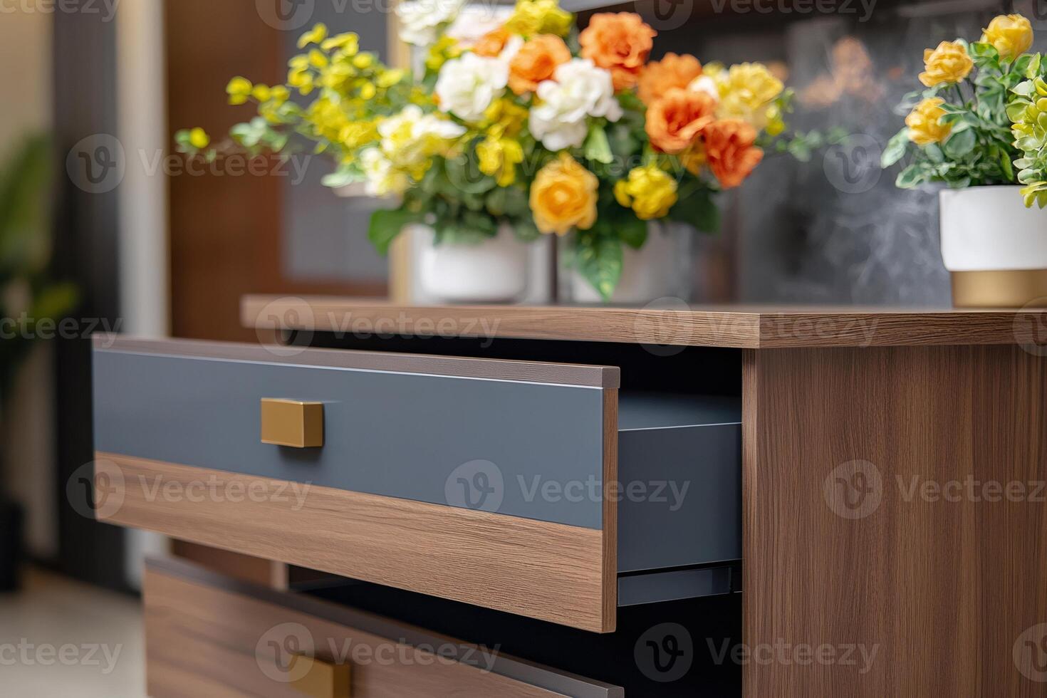 Wooden dresser with open drawer and floral decor photo