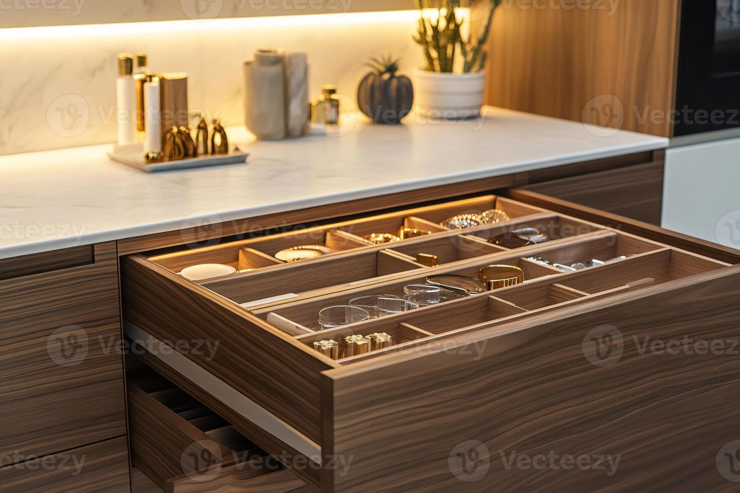 Modern kitchen drawer open showing organized cutlery and utensils photo