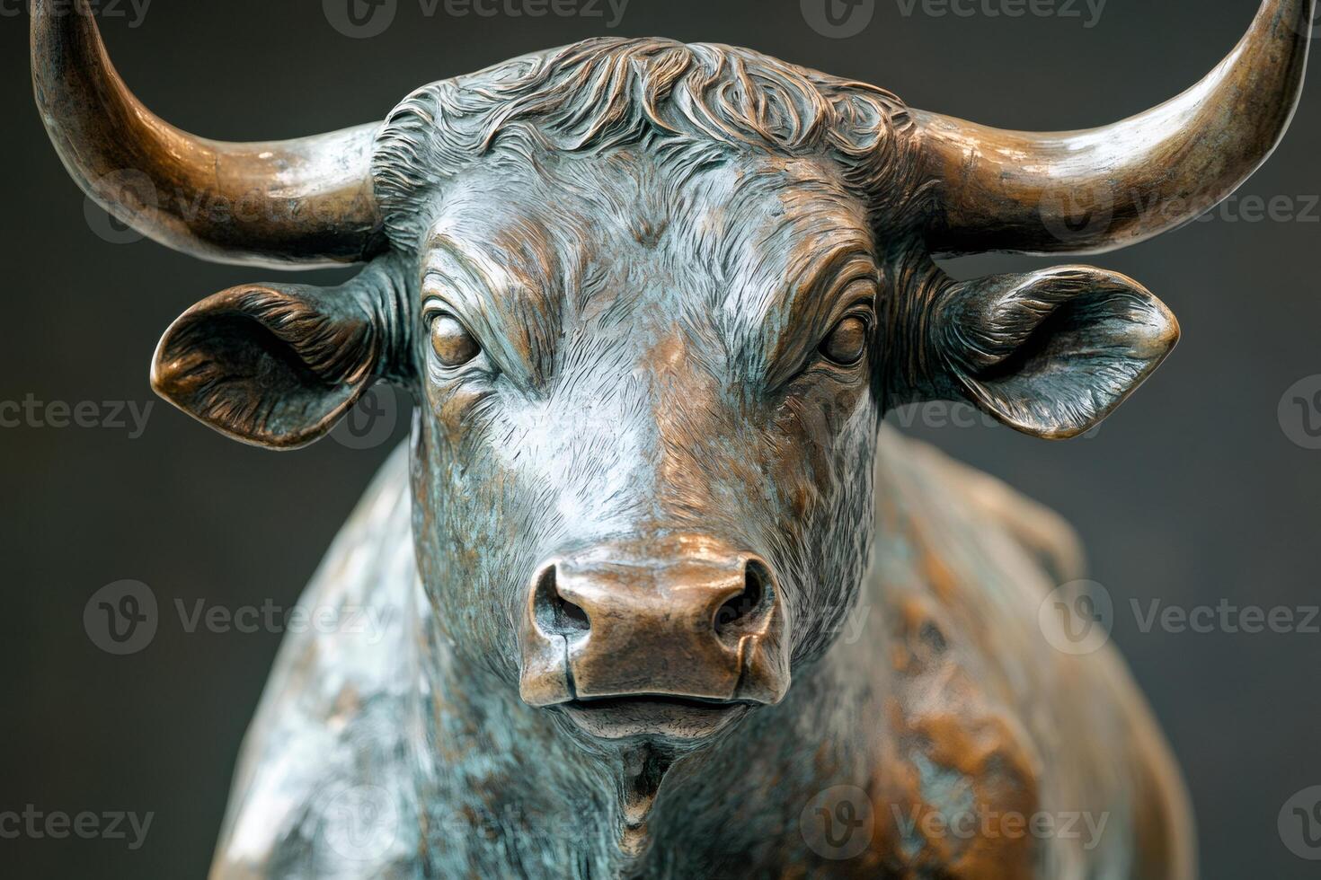 Close up of a bronze bull statue, a symbol of financial markets, power, and strength photo