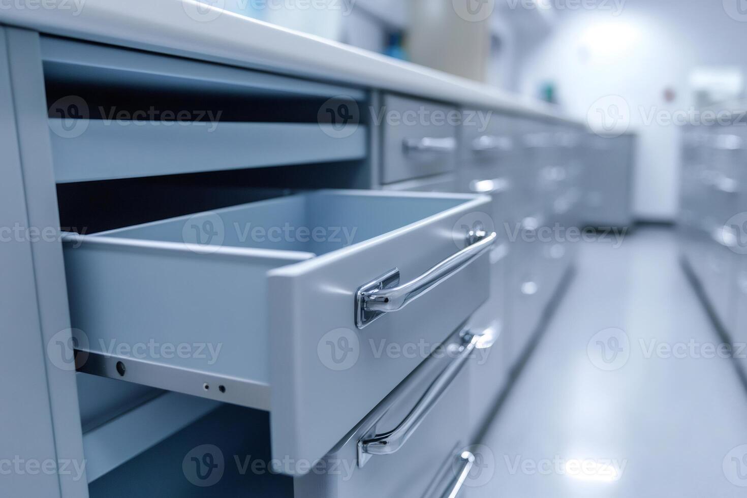 Open empty drawer in a modern laboratory or medical facility photo