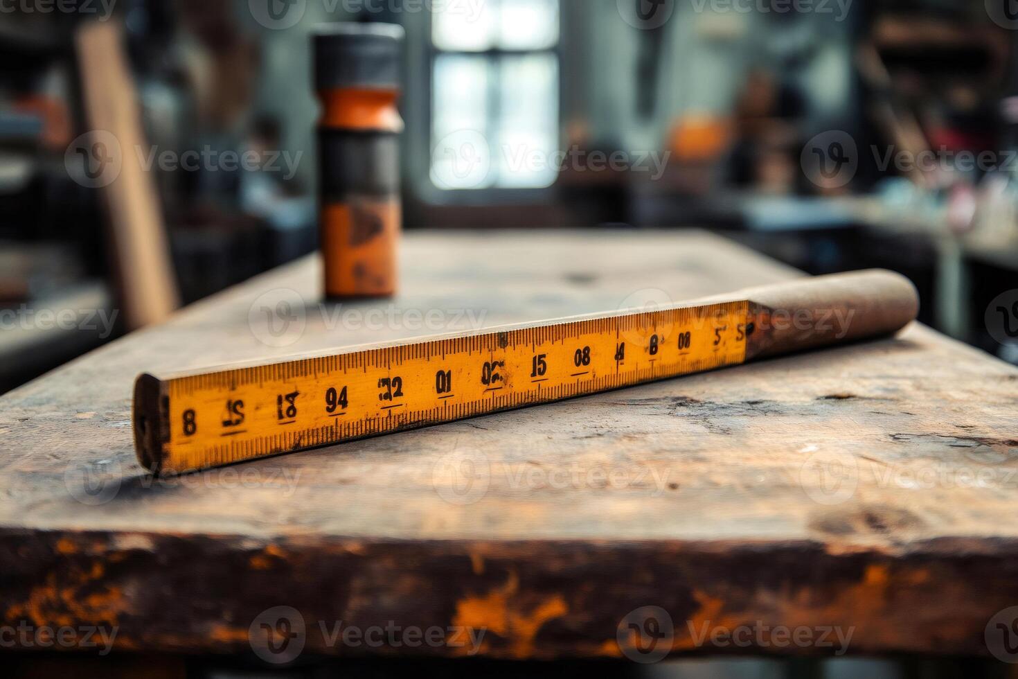Carpenter's folding ruler lying on wooden table in workshop photo