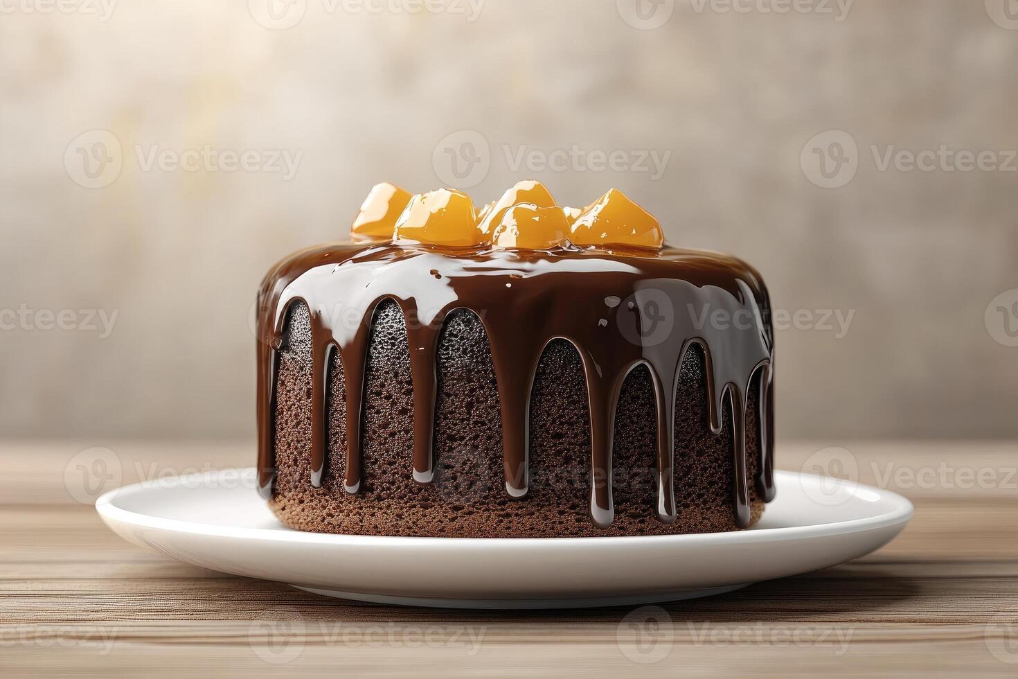 Delicious chocolate cake with melted chocolate and candied orange on top photo
