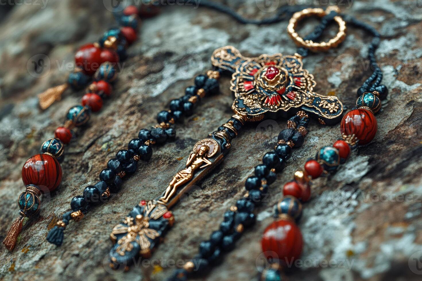 Beautiful handcrafted rosary resting on a rock photo