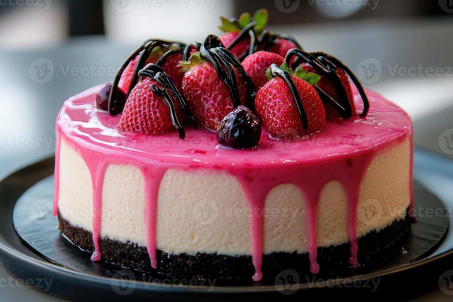 Delicious pink cheesecake dripping with chocolate and topped with strawberries photo