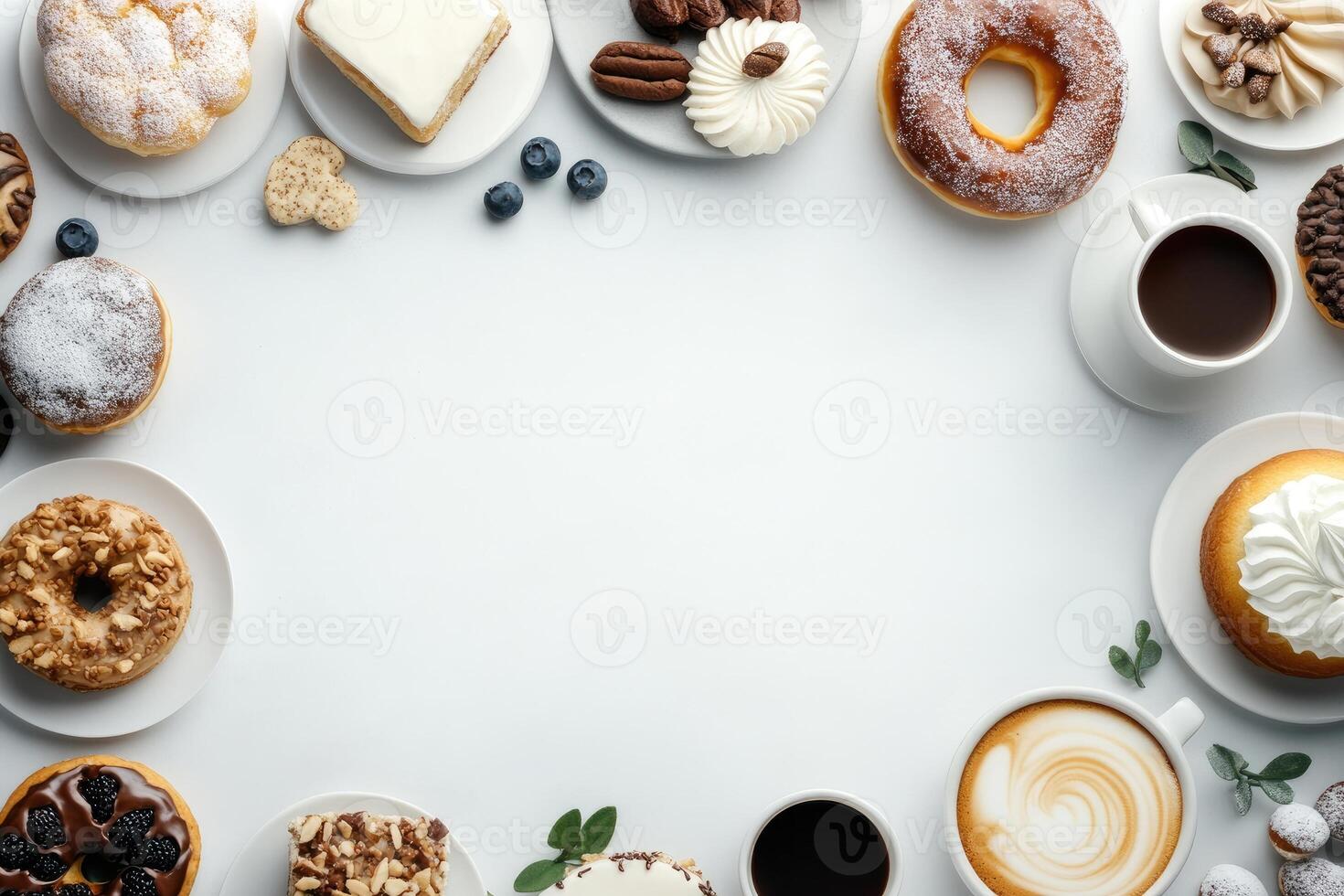 Delicious pastries and coffee creating a frame on white background photo
