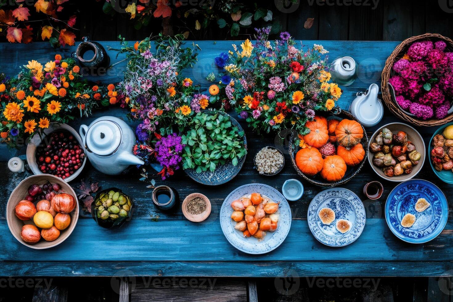 Autumn table setting decorated with pumpkins, flowers, and fruits photo