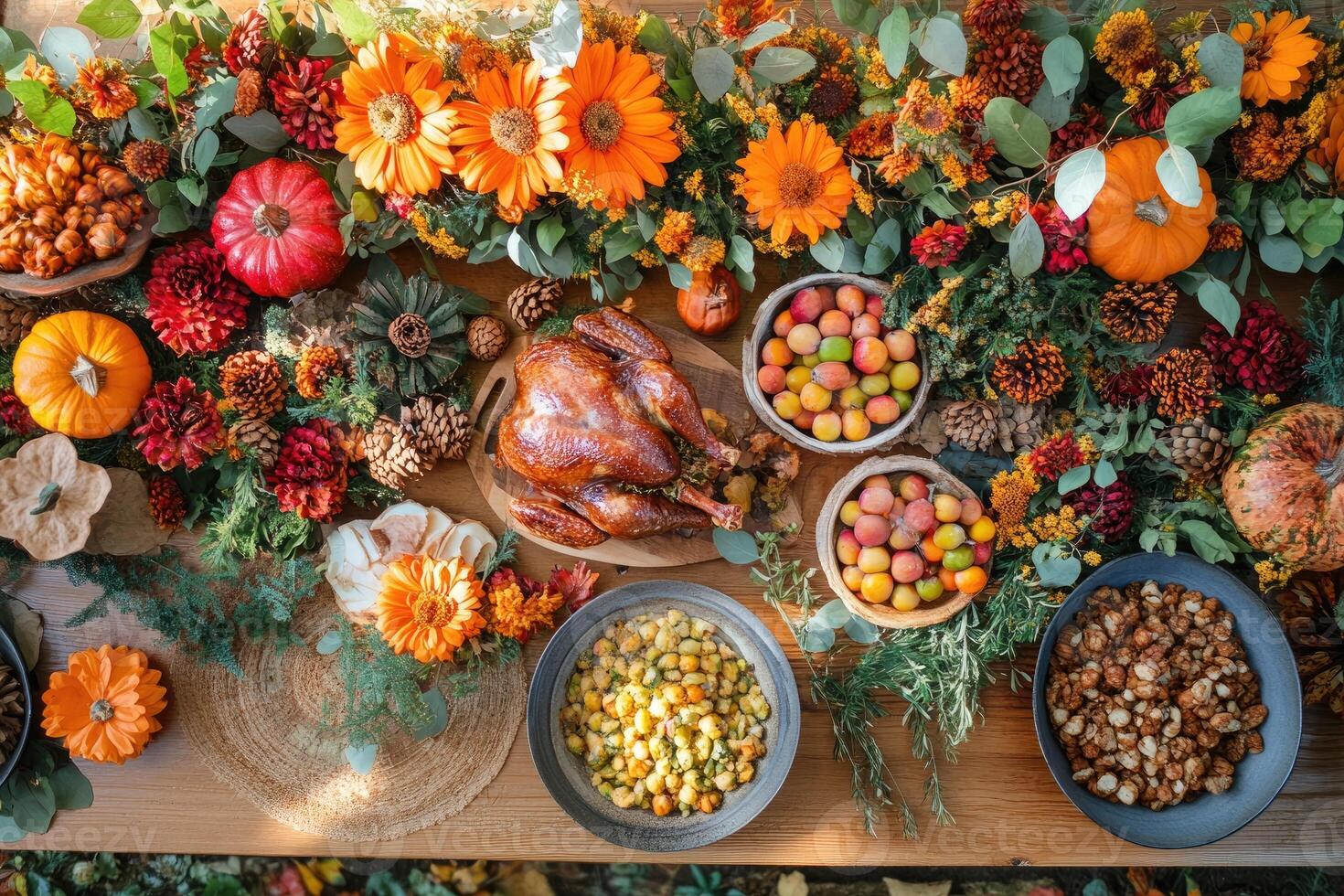 Thanksgiving table setting decorated with autumn flowers, pumpkins, and roasted turkey photo