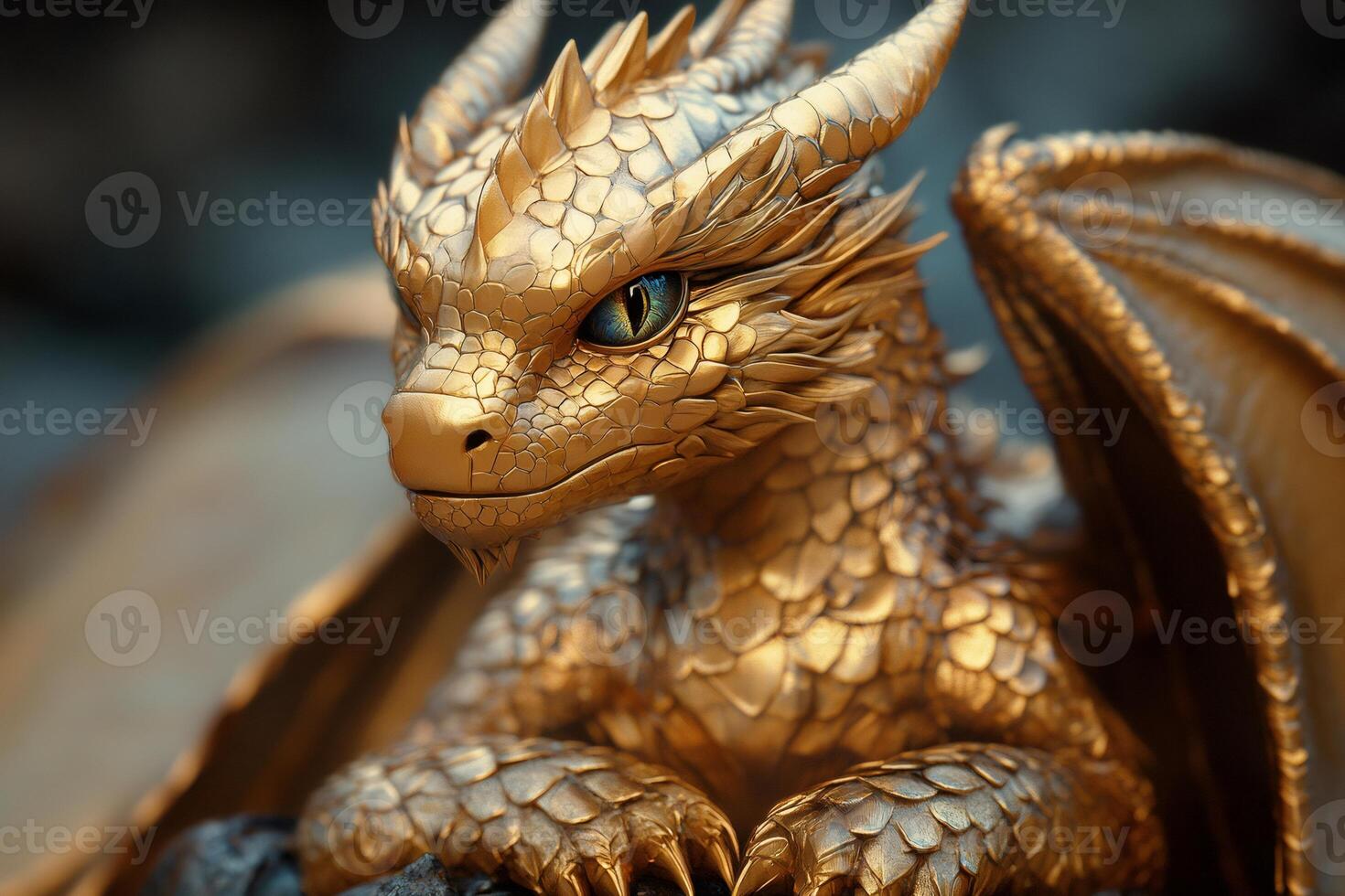 Golden dragon resting on a rock, observing with intense gaze photo