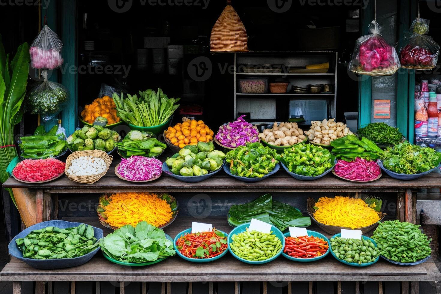 Colorful fresh vegetables displayed on wooden table in traditional market stall photo