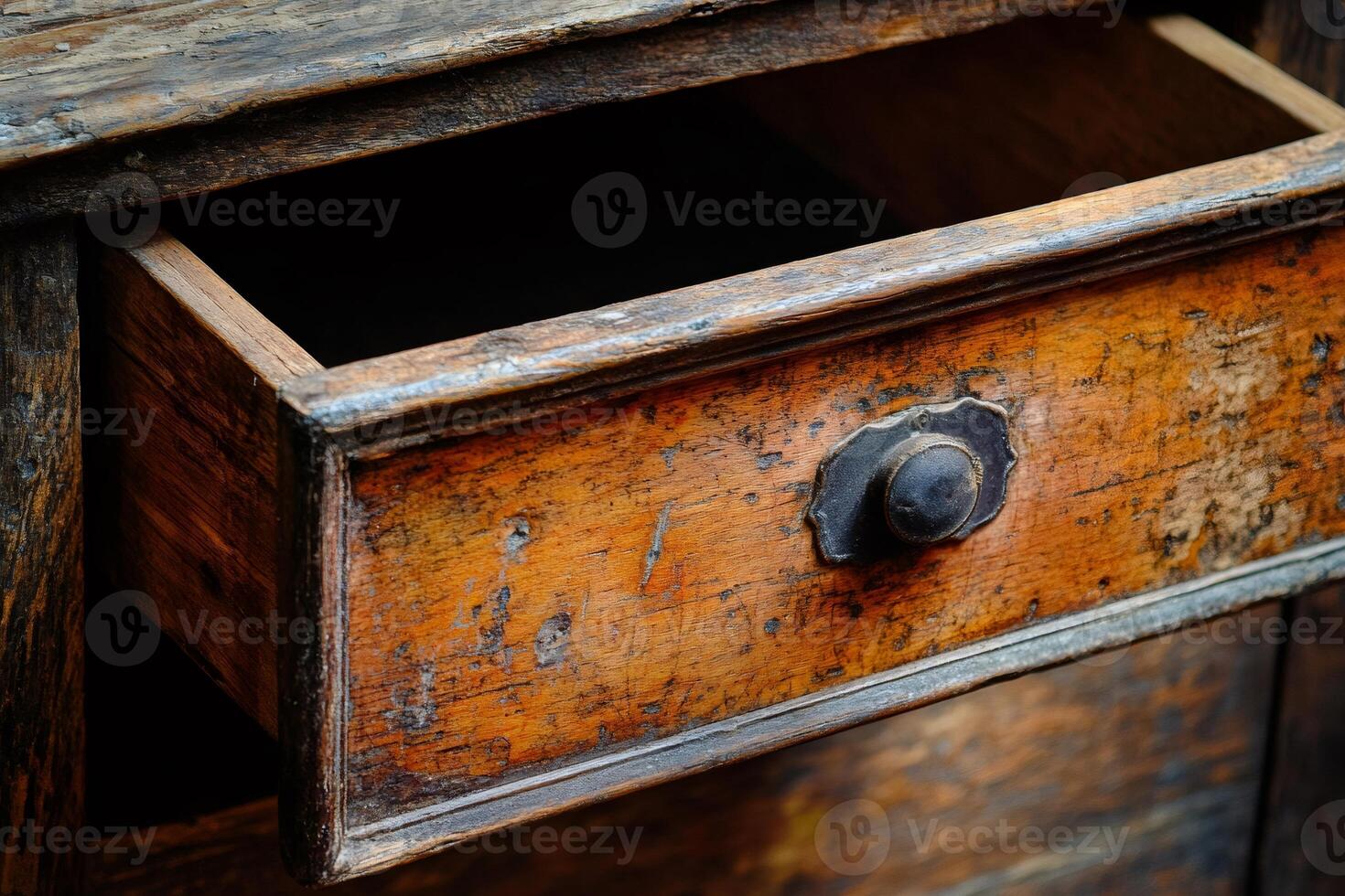 Rustic wooden drawer with vintage handle design photo