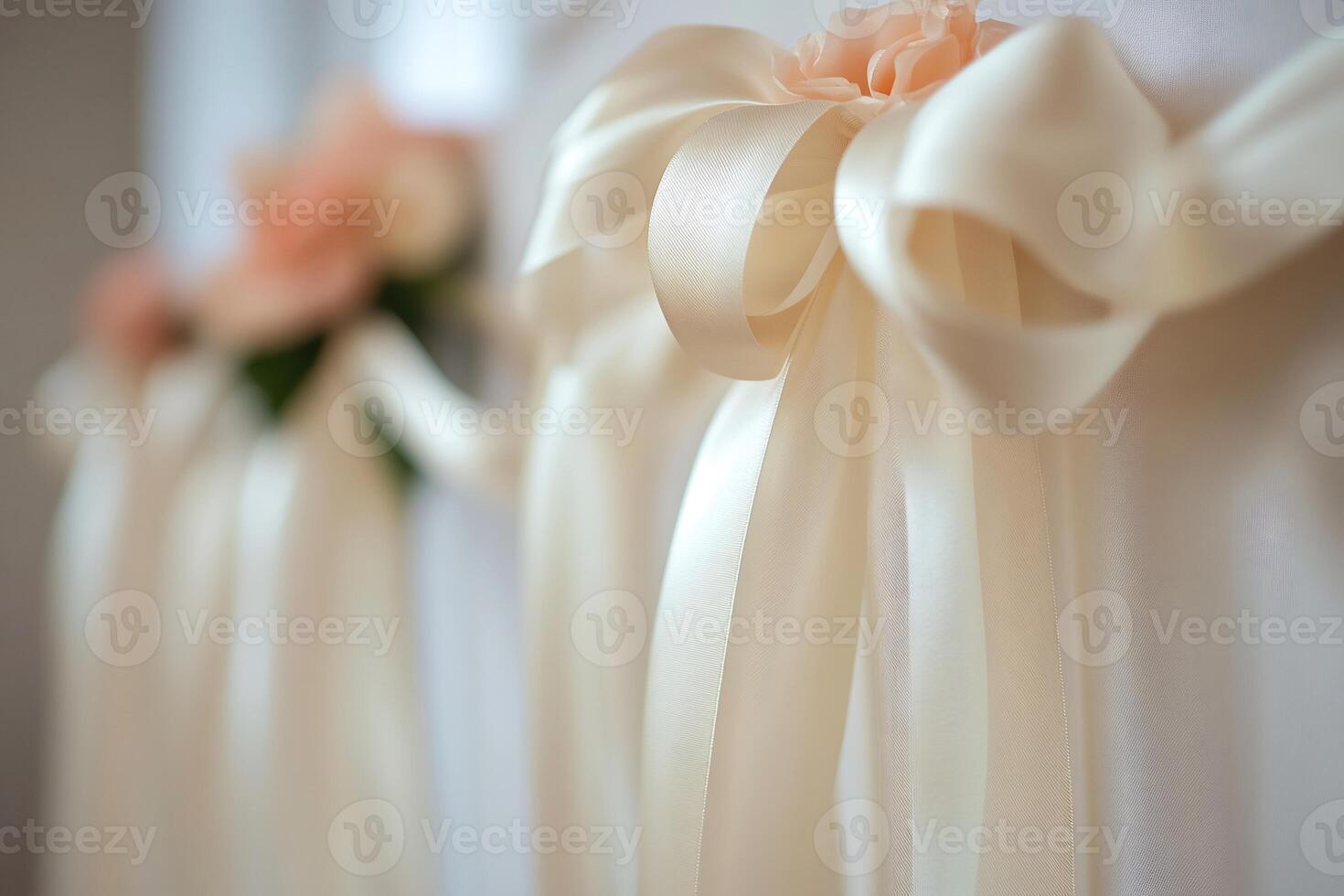 Elegant chair covers decorated with satin ribbons and flowers for wedding reception photo