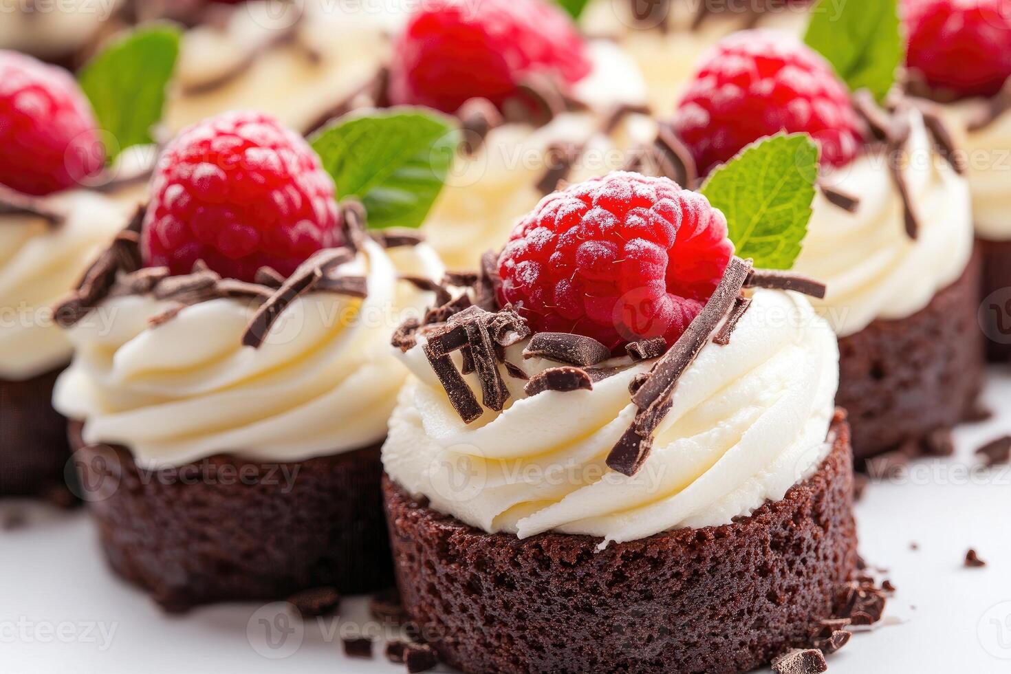 Delicious chocolate brownie cupcakes topped with cream cheese frosting, raspberries and chocolate shavings photo