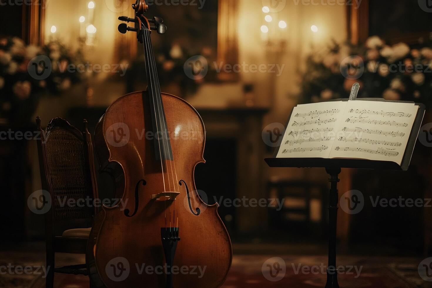 Elegant cello and sheet music in candlelit room photo