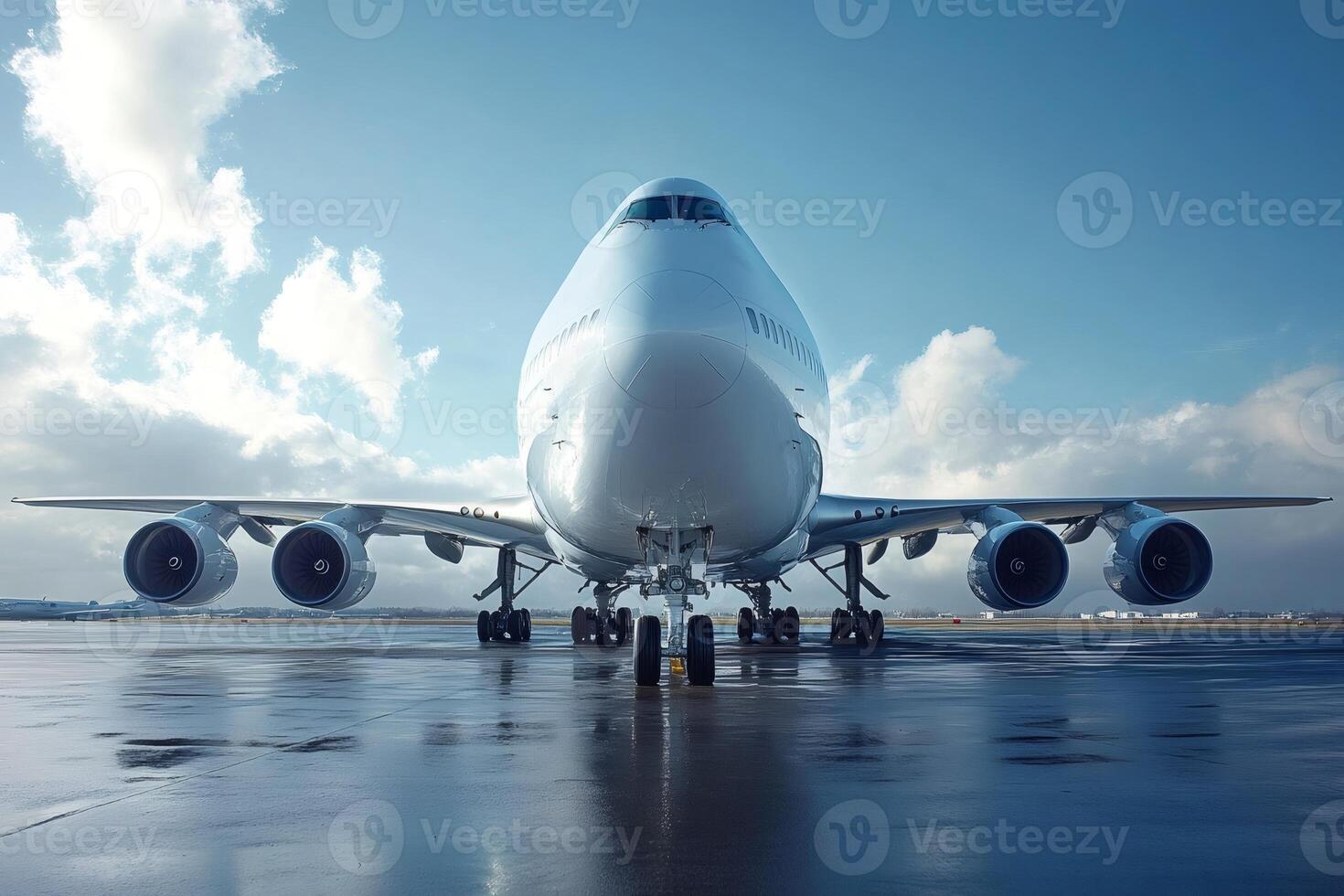 Majestic airplane parked on wet runway photo