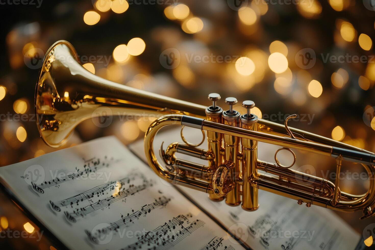 Shiny trumpet resting on musical sheet with bokeh lights photo