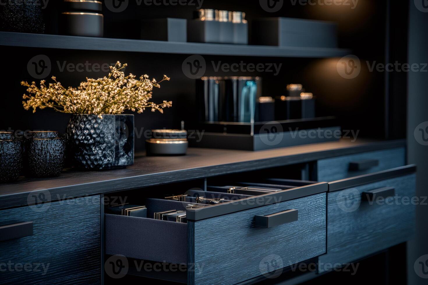 Modern dark wood dresser or cabinet with open drawer and decorated shelf photo