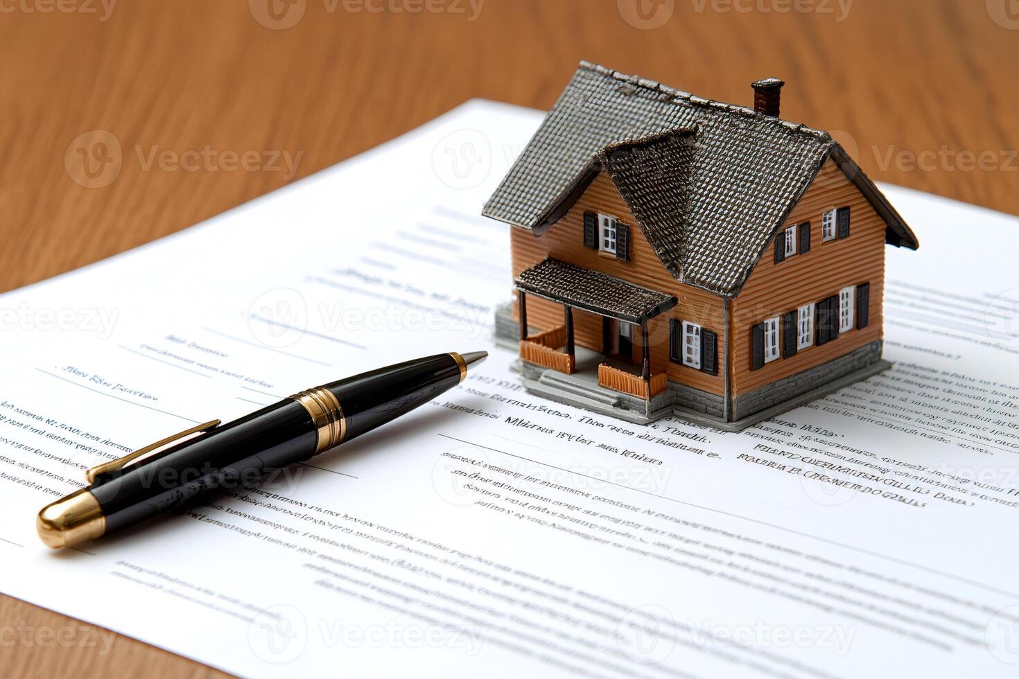 Miniature house resting on a contract with a pen, symbolizing real estate purchase agreement photo