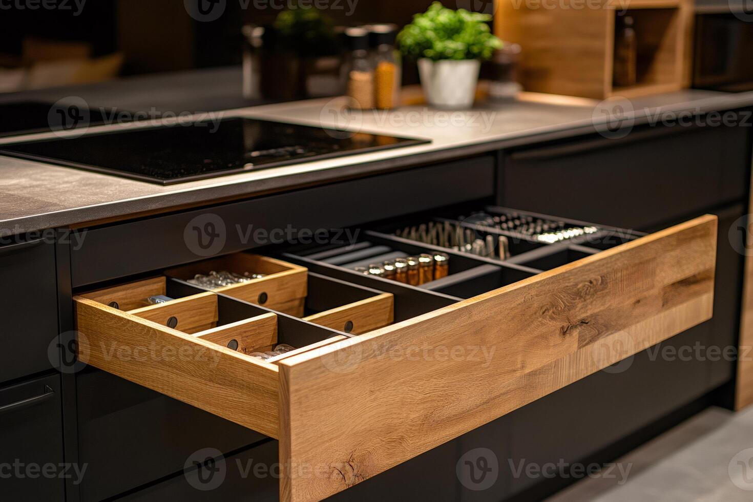 Opened wooden drawer organizing cutlery and spices in modern kitchen photo