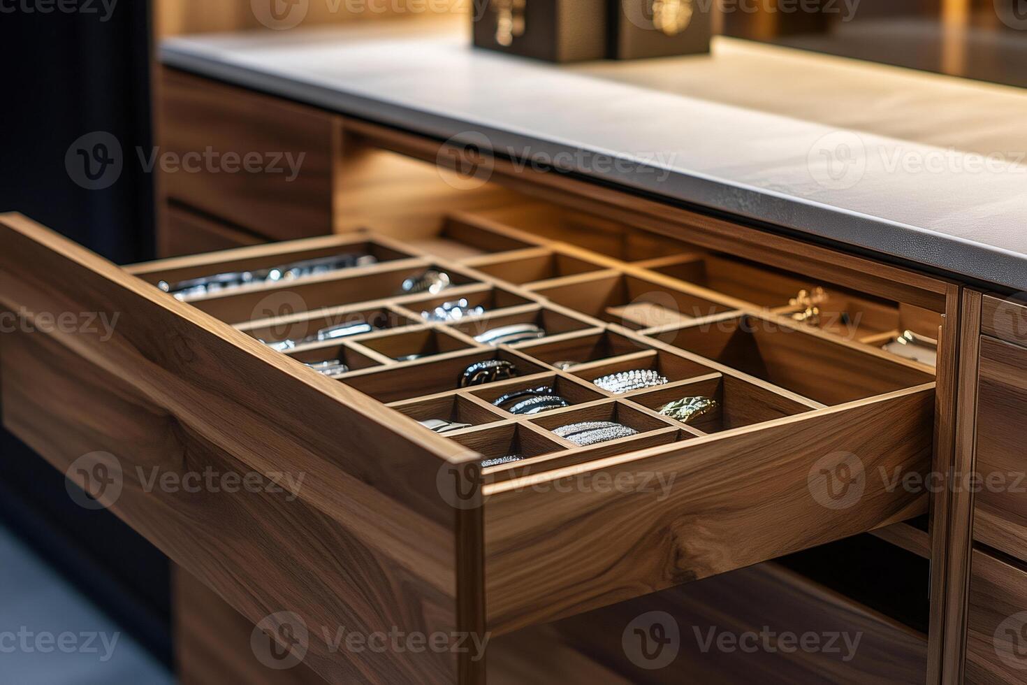Open wooden drawer organizing accessories with elegance and functionality photo
