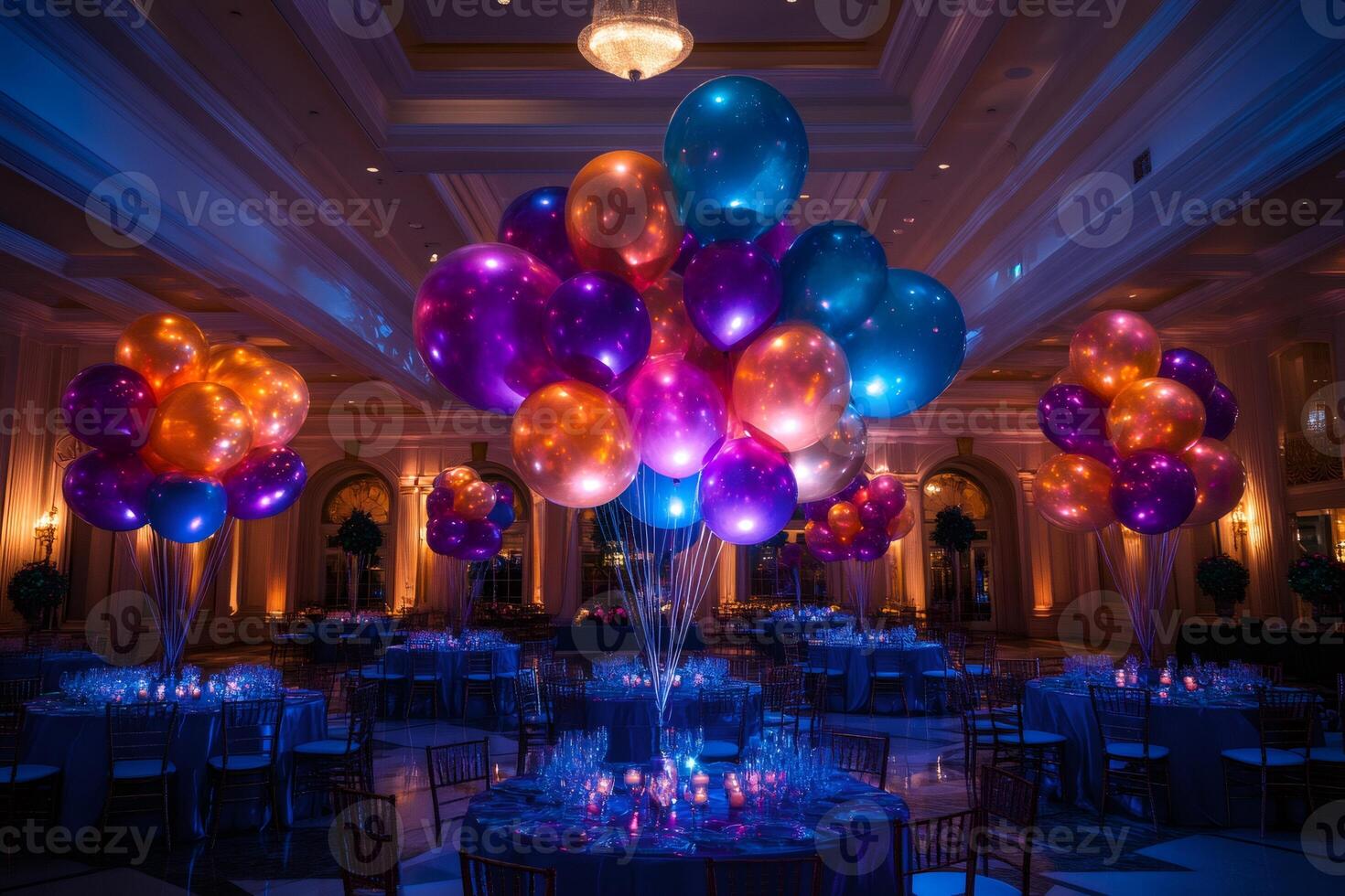 Colorful balloons decorating a luxurious ballroom for a special event photo