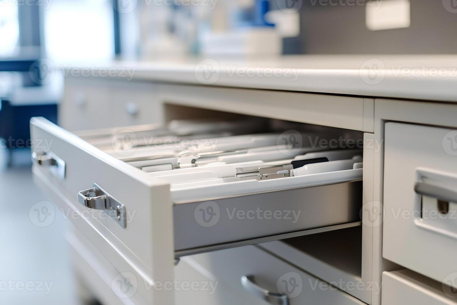 Open drawer containing medical records in modern clinic filing cabinet photo