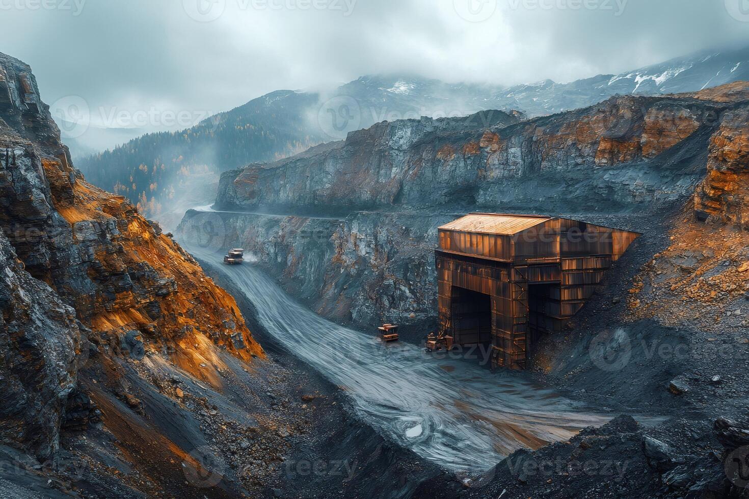 Trucks carrying coal in open pit mine on gloomy autumn day photo