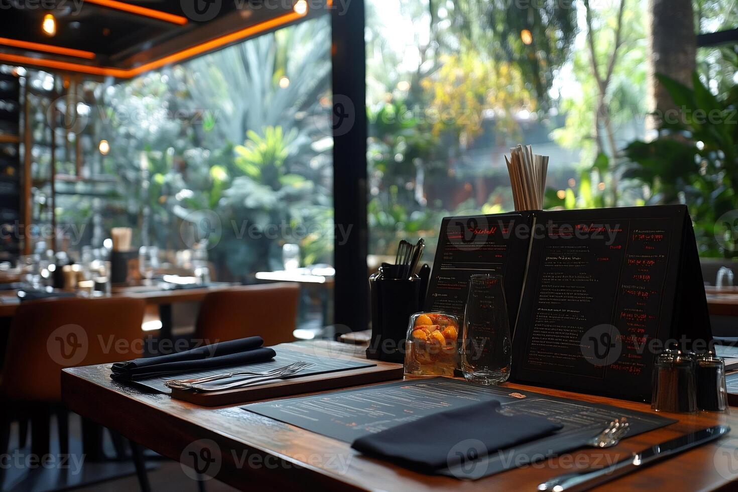 Elegant restaurant table setting with menu and tropical garden view photo
