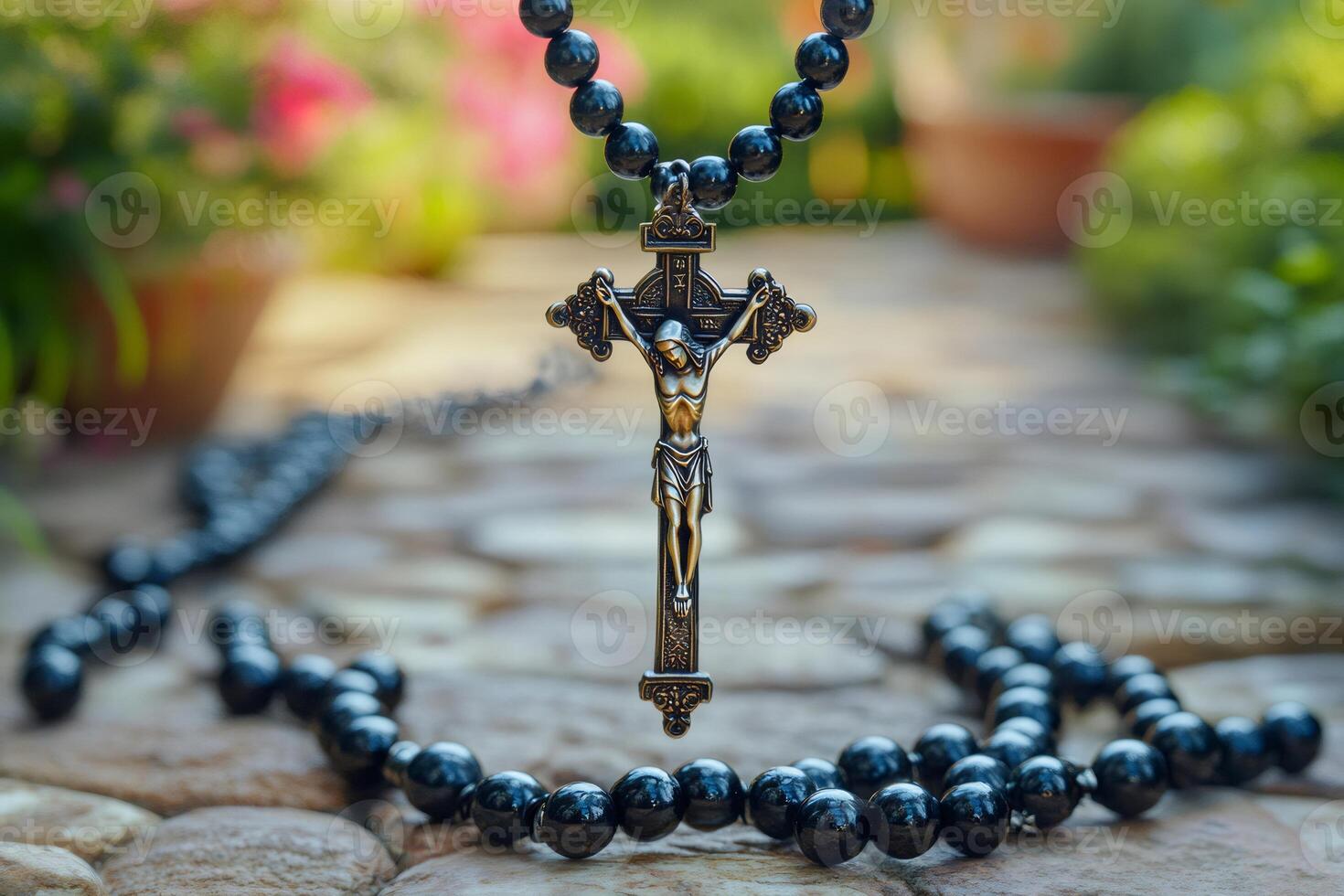 Silver crucifix hanging from black rosary beads with blurred garden in background photo