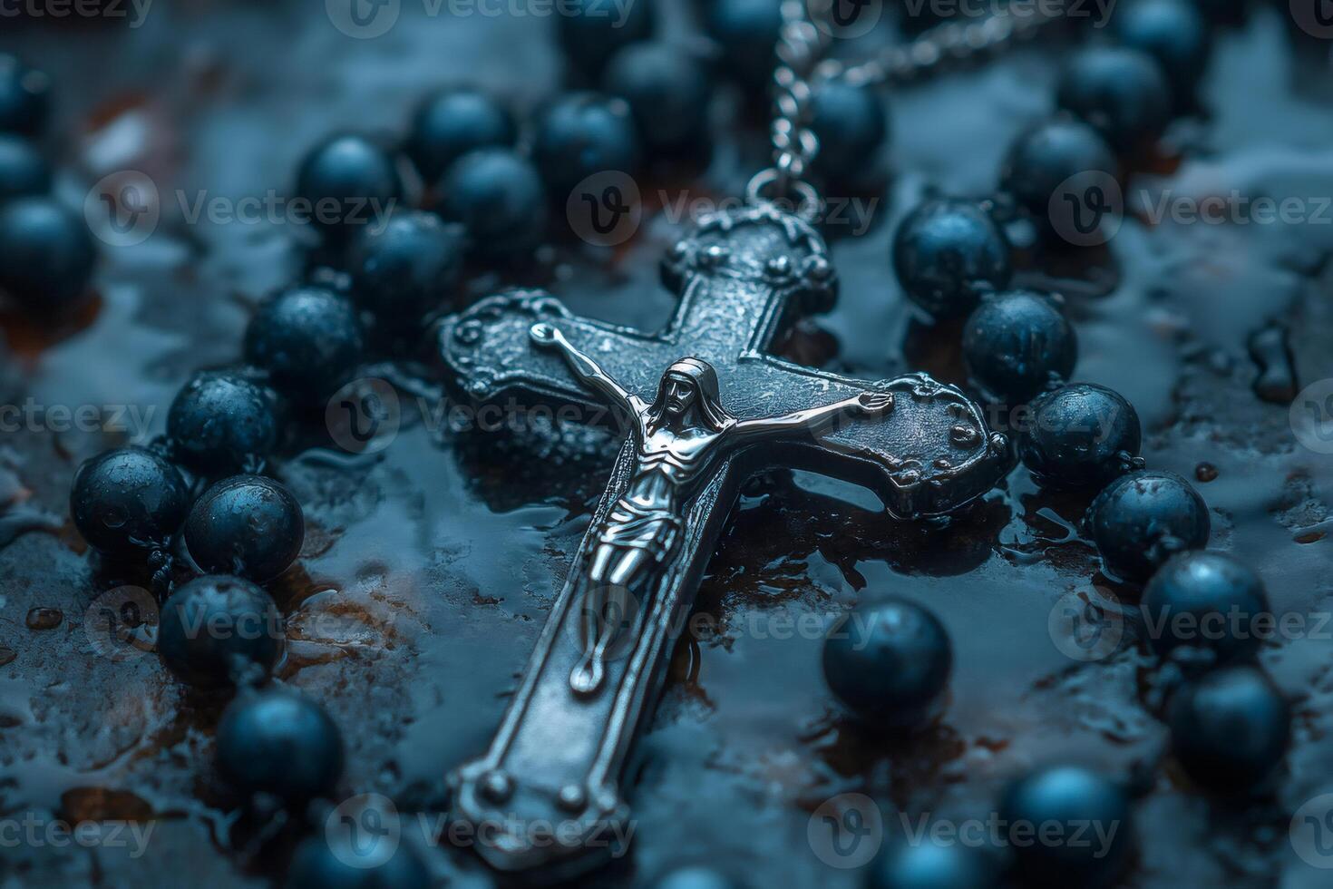 Intricate Rosary with Metal Crucifix on Wet Surface photo