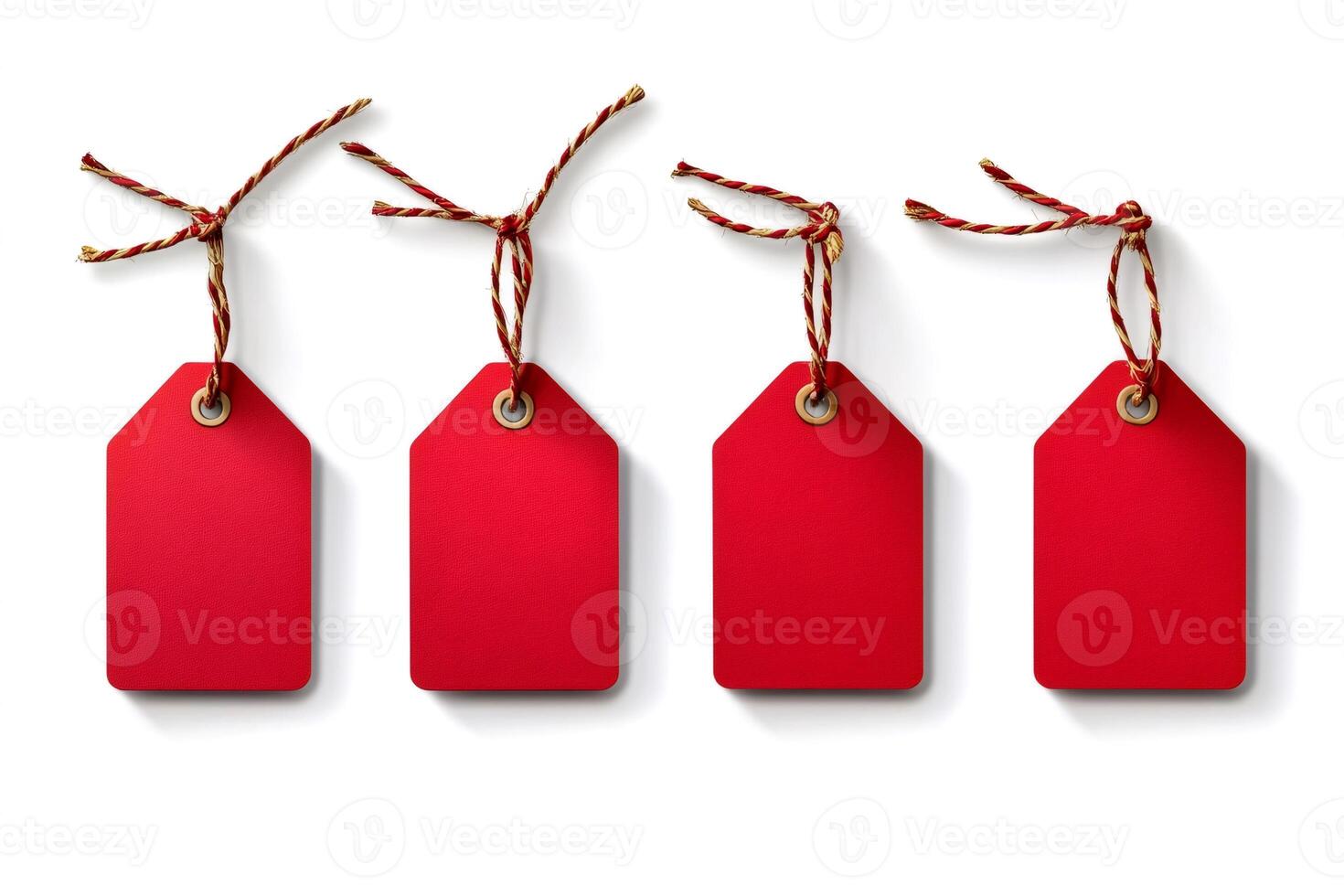Four red blank hanging price tags with gold string on white background photo