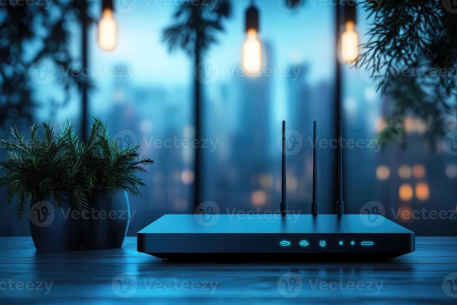 Wireless router providing internet access in modern home with city view at night photo