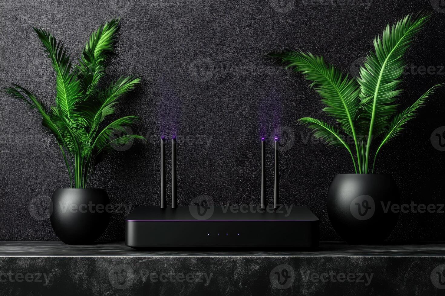 Black wireless router between two potted plants emitting purple light in a modern interior photo