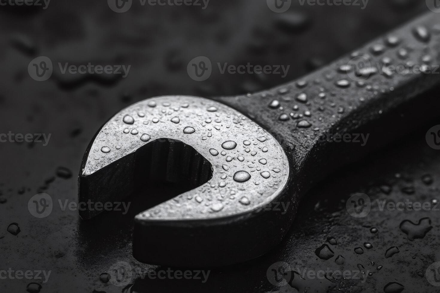 Close up of wet wrench on dark surface photo