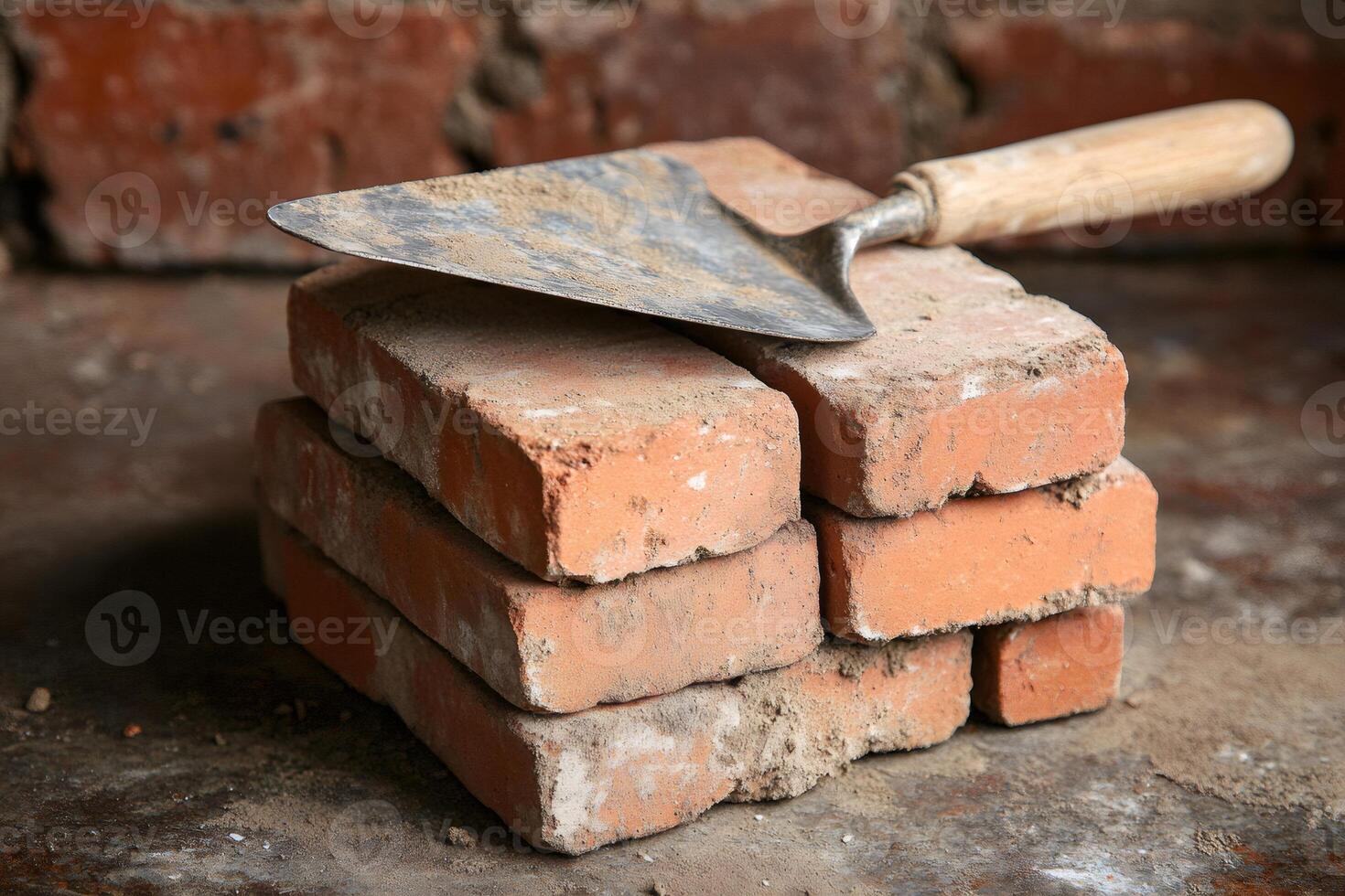 Stacking red bricks with masonry trowel on construction site photo