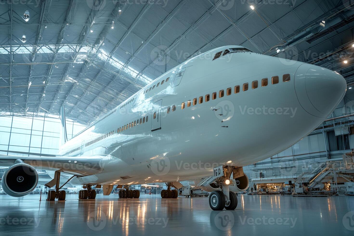 Majestic airplane resting inside spacious hangar photo