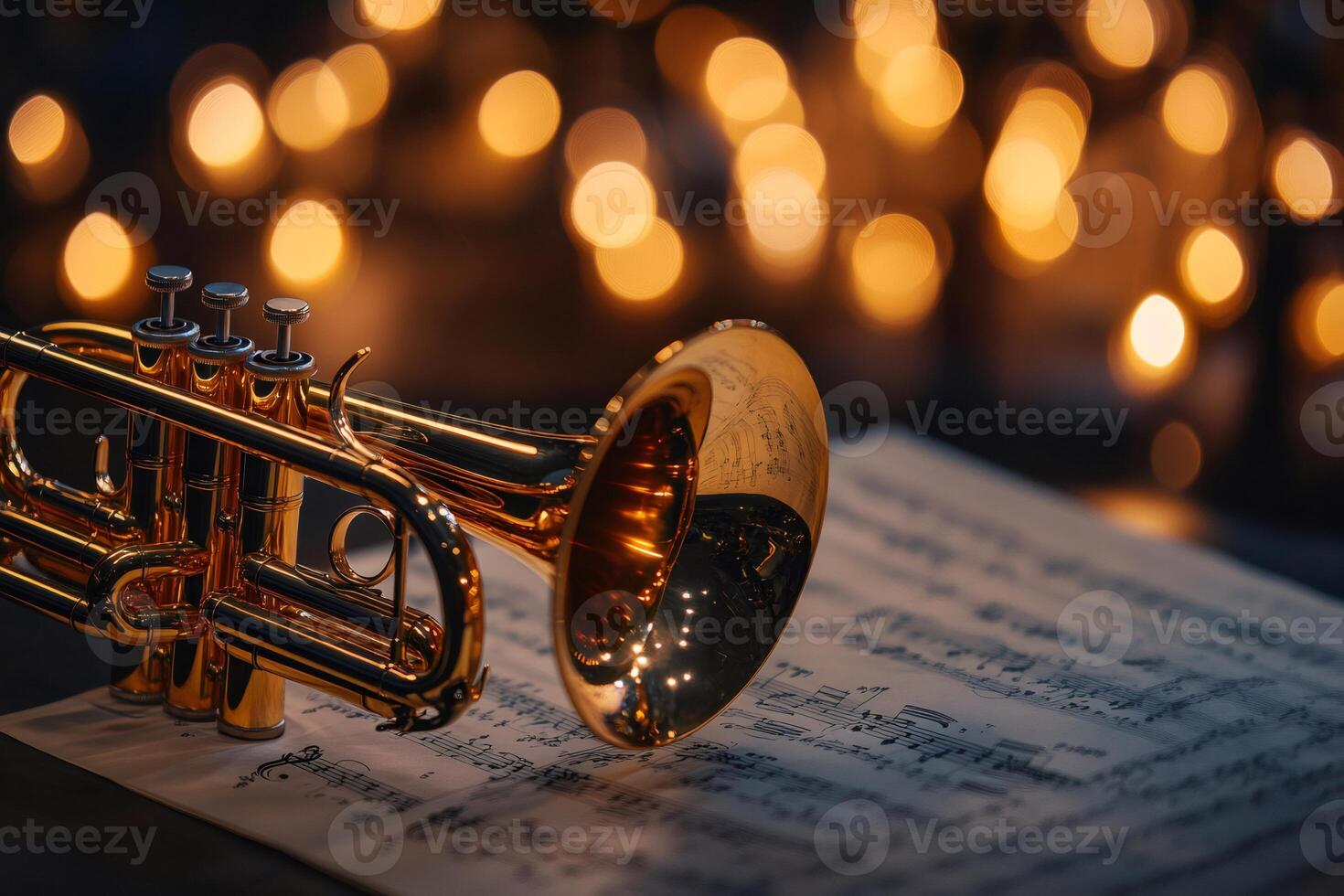 Shiny trumpet resting on musical sheet with bokeh lights. photo