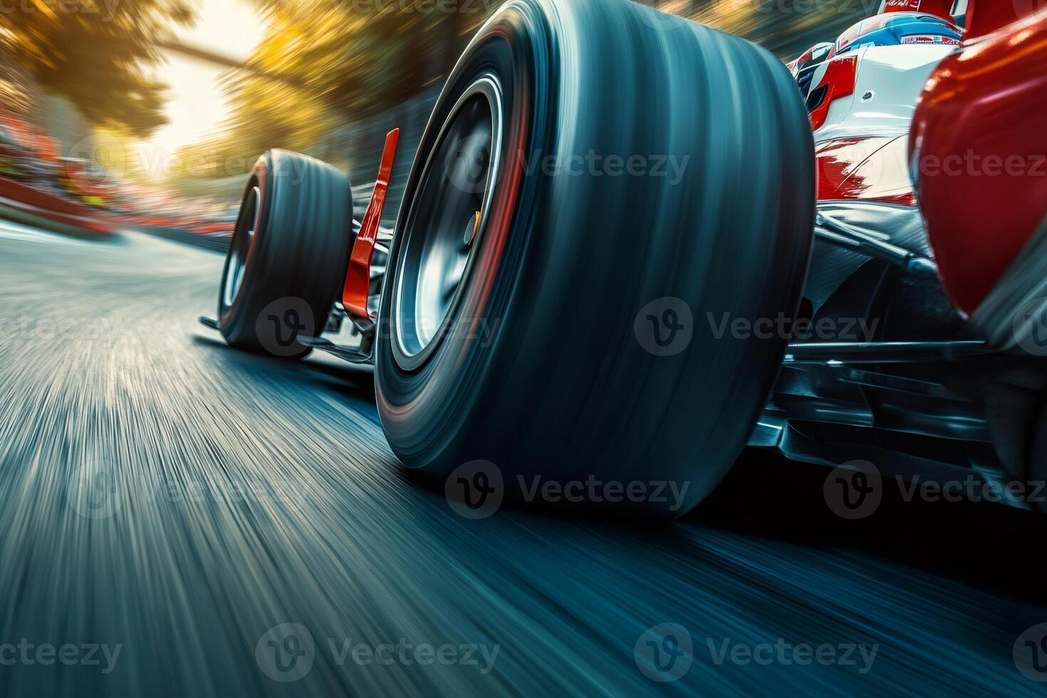 Formula one race car speeding on a circuit during competition photo