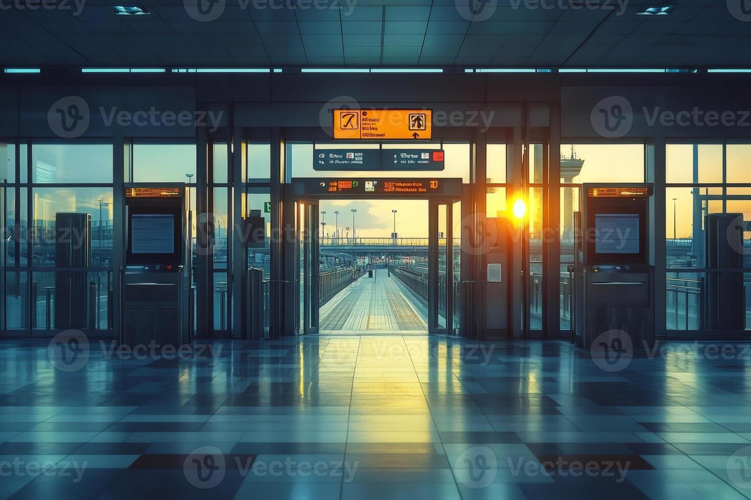 Sunset illuminating empty modern airport terminal building photo