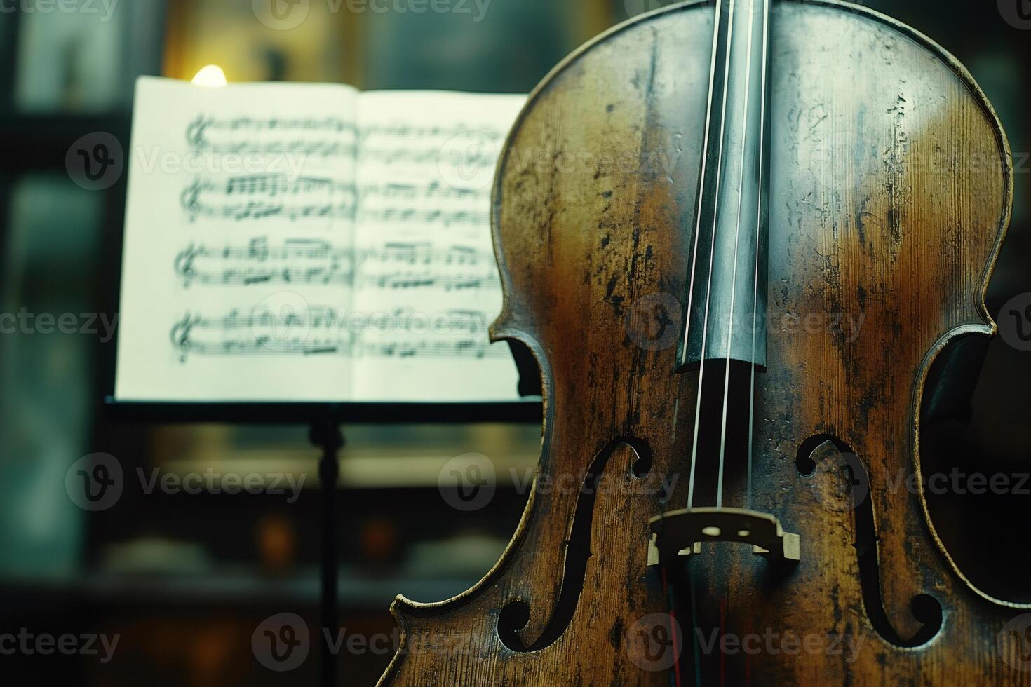 Classical cello with sheet music in focus photo