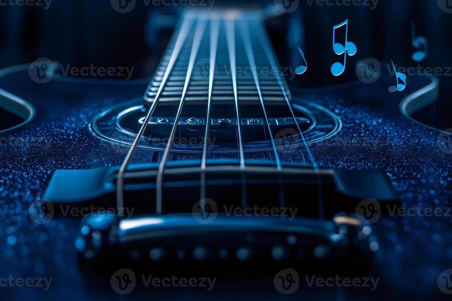 Close up of acoustic guitar with musical notes photo