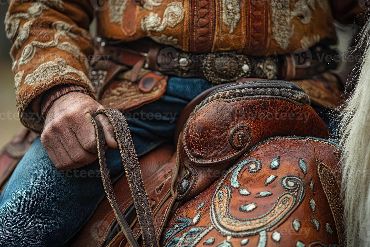 Cowboy holding reins while riding horse with ornate saddle and chaps photo