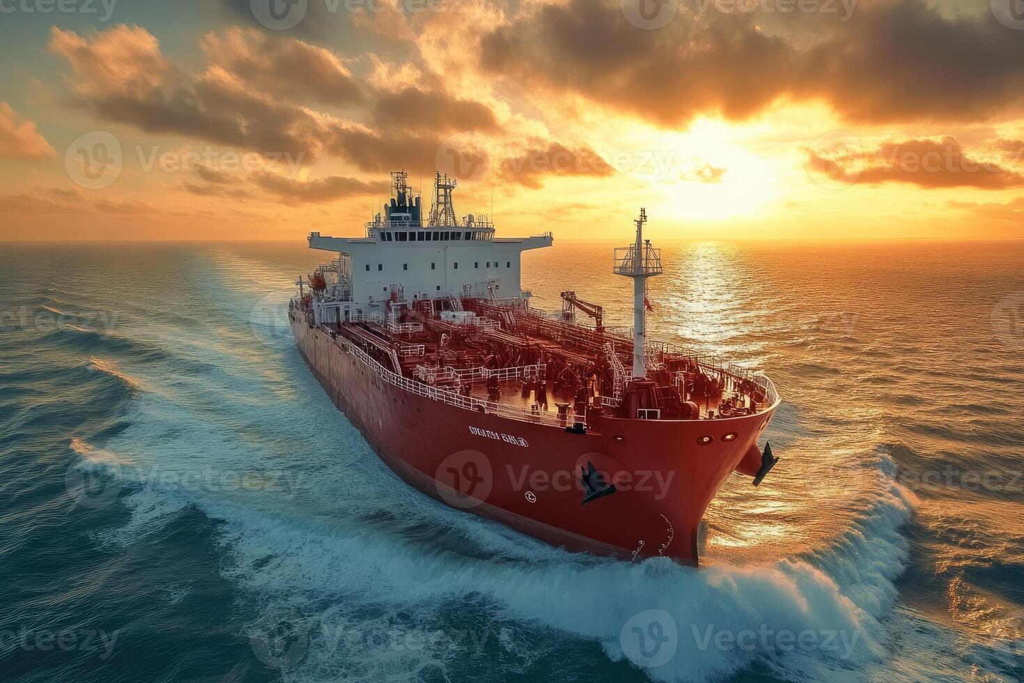 Large red cargo ship sailing on ocean at sunset photo