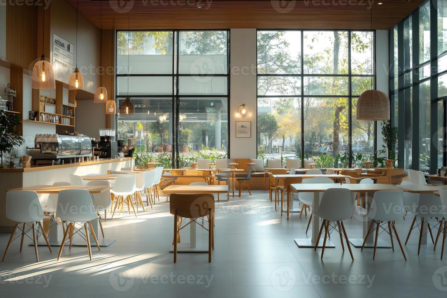 Empty trendy cafe with natural light and minimal style, creating welcoming atmosphere photo