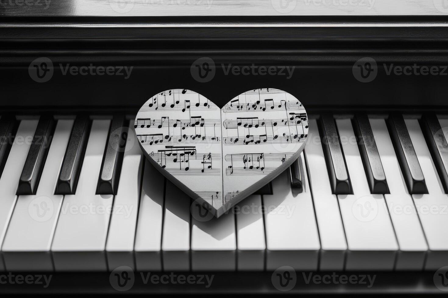 Heart shaped music sheet resting on piano keys expressing love for music photo
