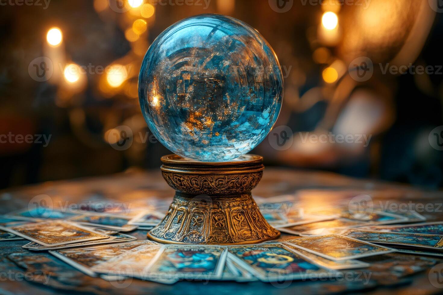 Crystal ball resting on an ornate pedestal surrounded by tarot cards, with warm candlelight in the background, creating a mystical atmosphere photo