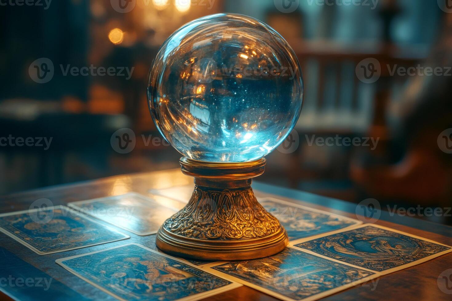 Crystal ball shining on tarot cards predicting the future on a wooden table photo