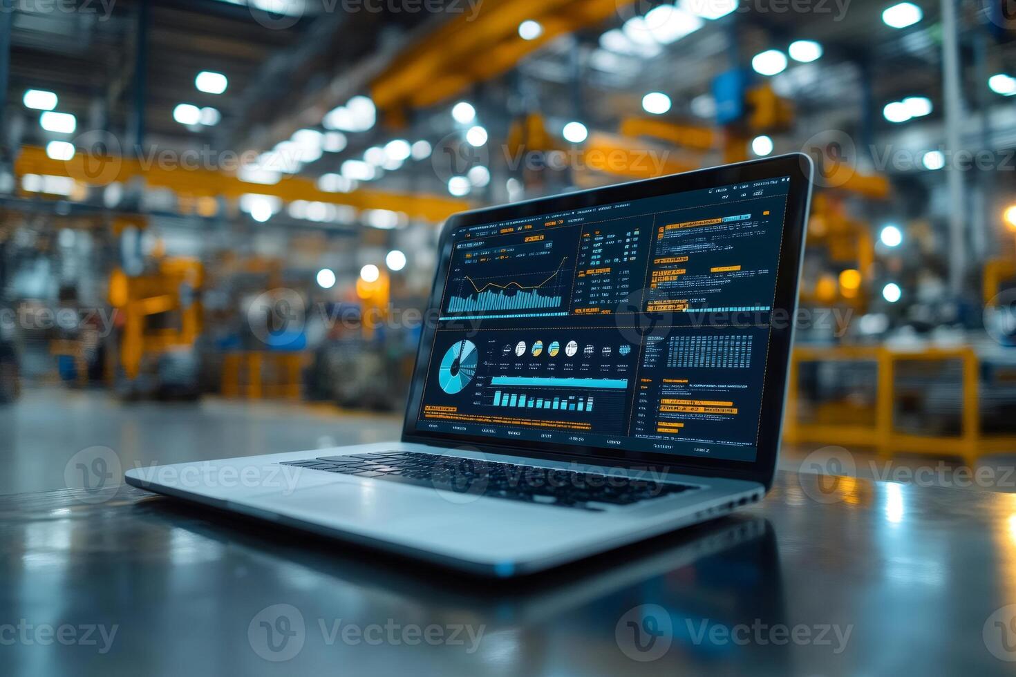 Laptop showing industrial control panel monitoring production line in background in a smart factory photo