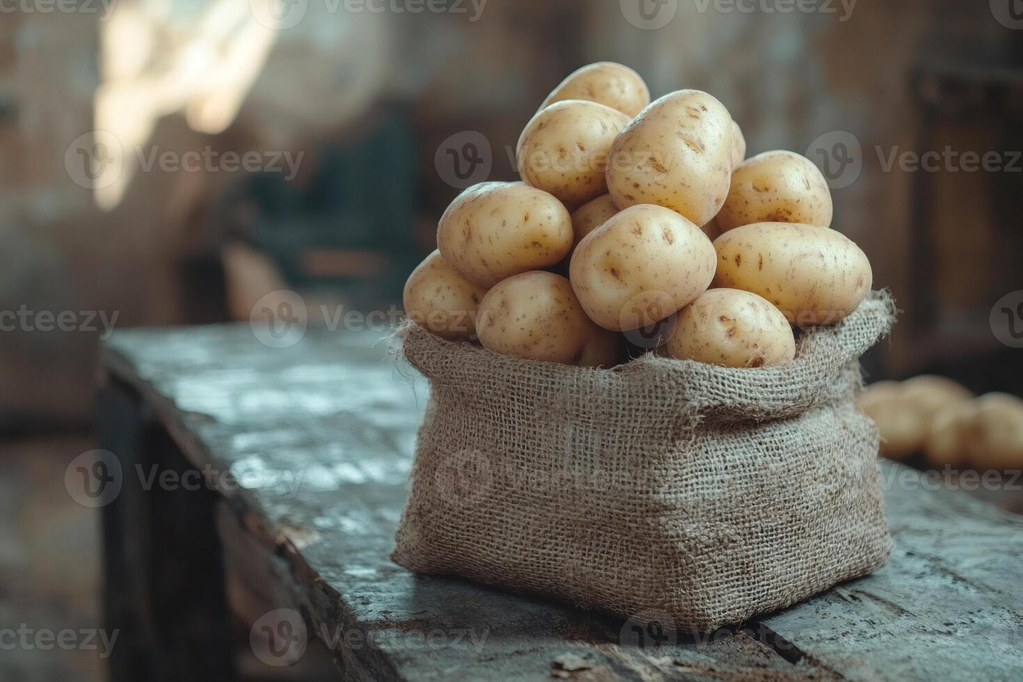 Sack of fresh potatoes sitting on rustic wooden table in cellar photo