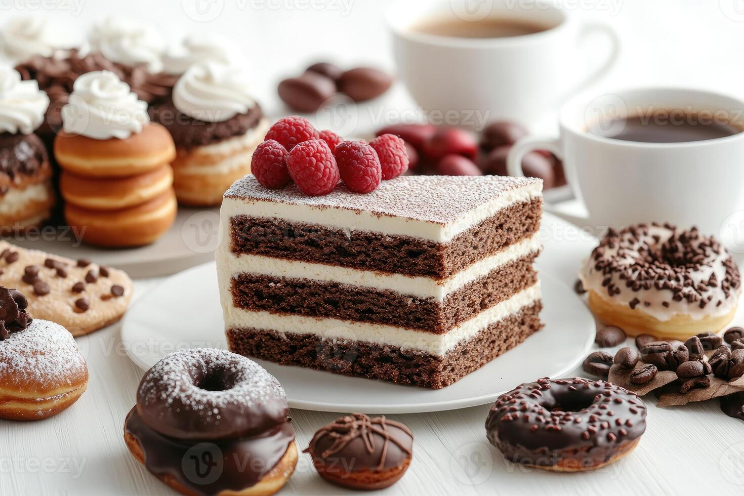 Delicious chocolate cake with raspberries surrounded by donuts and coffee on white table photo