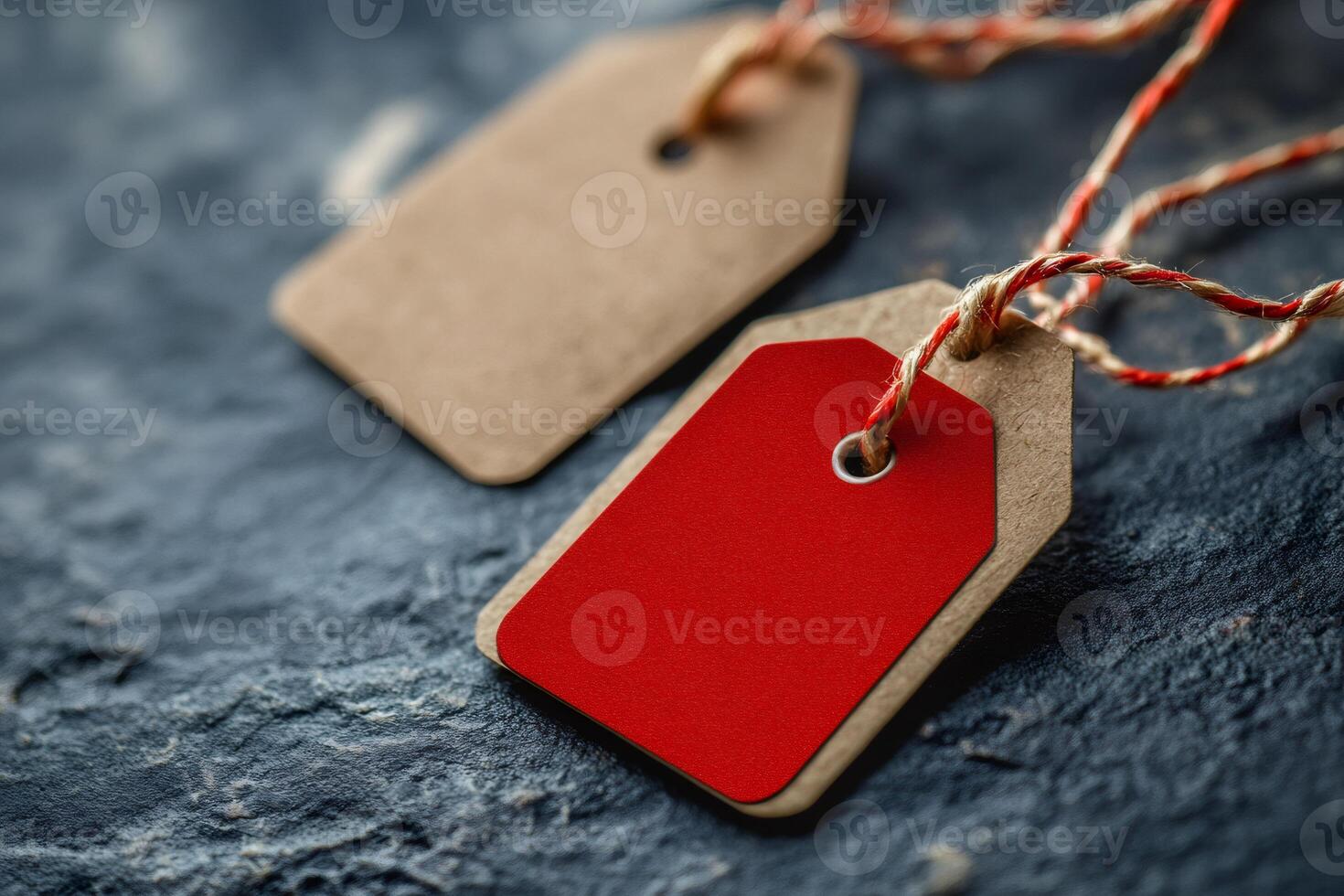 Two cardboard tags with red label and twine lying on dark background photo